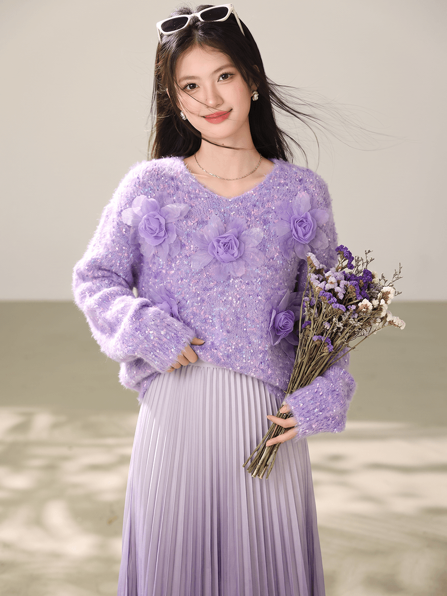 실사 부드러운 바람 Chic 보라색 3 차원 꽃 스웨터 여자 가을 겨울 모방 밍크 플리스 부드러운 찹쌀 니트 맨위 이미지 2