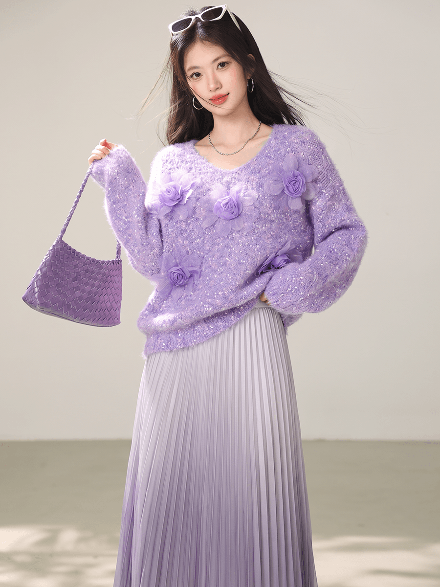 실사 부드러운 바람 Chic 보라색 3 차원 꽃 스웨터 여자 가을 겨울 모방 밍크 플리스 부드러운 찹쌀 니트 맨위 이미지 4