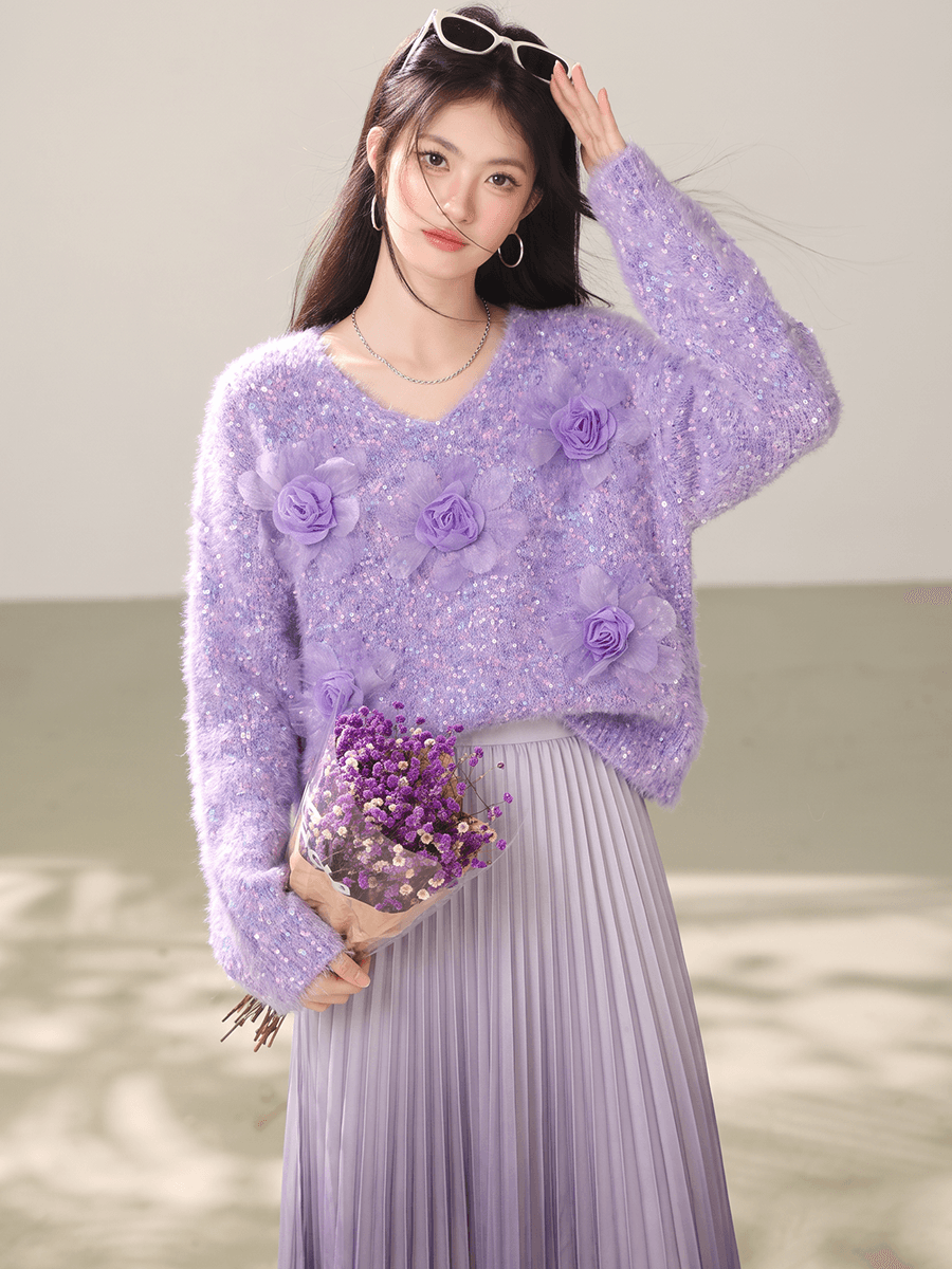 실사 부드러운 바람 Chic 보라색 3 차원 꽃 스웨터 여자 가을 겨울 모방 밍크 플리스 부드러운 찹쌀 니트 맨위 이미지 5