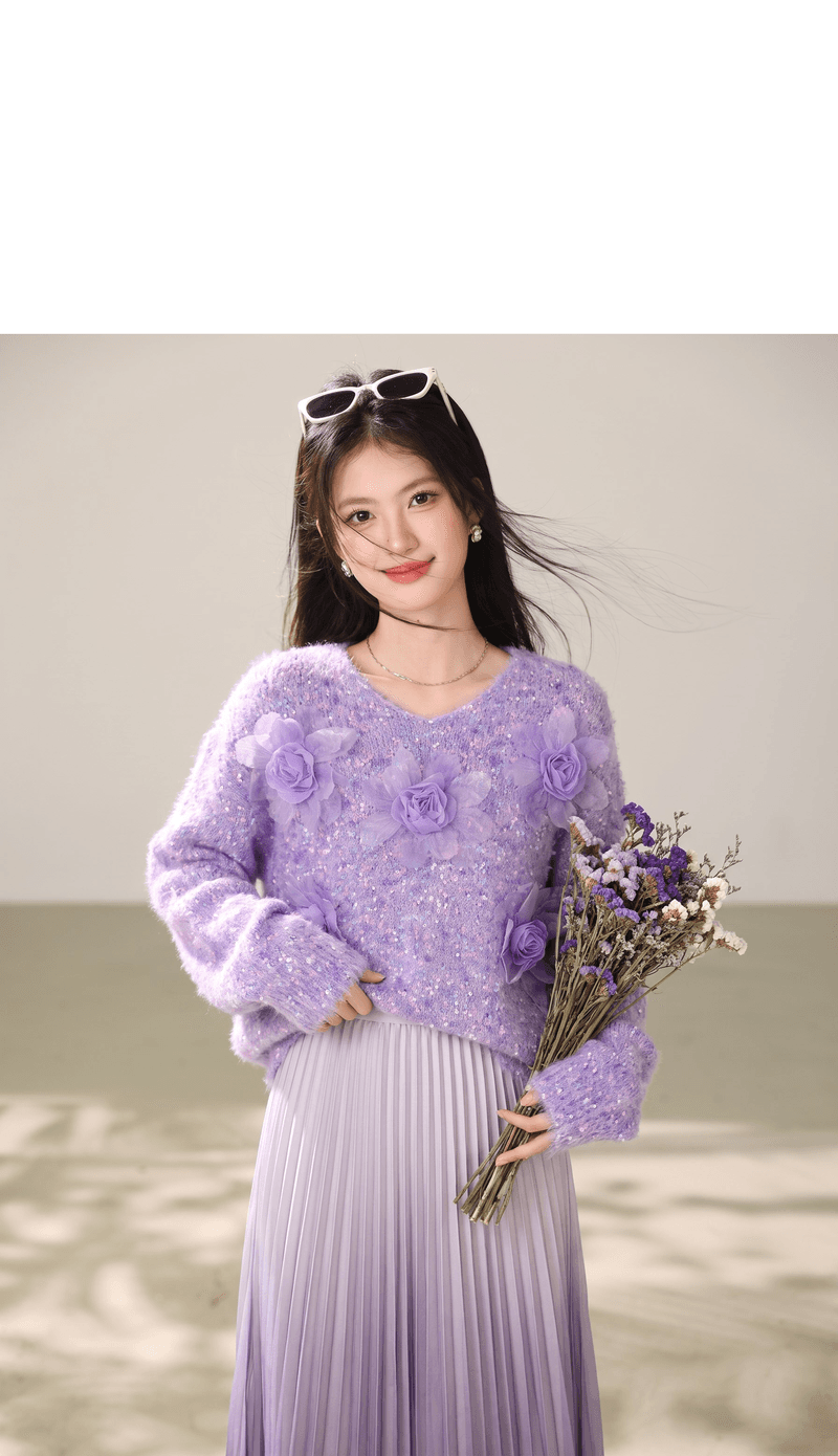 실사 부드러운 바람 Chic 보라색 3 차원 꽃 스웨터 여자 가을 겨울 모방 밍크 플리스 부드러운 찹쌀 니트 맨위 상세 이미지 2