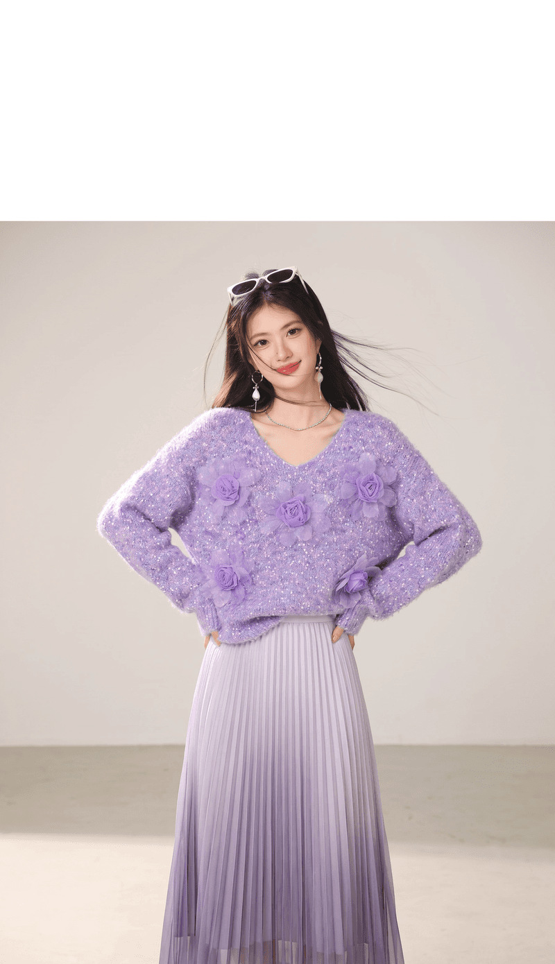 실사 부드러운 바람 Chic 보라색 3 차원 꽃 스웨터 여자 가을 겨울 모방 밍크 플리스 부드러운 찹쌀 니트 맨위 상세 이미지 3