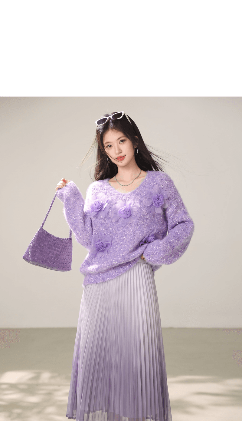 실사 부드러운 바람 Chic 보라색 3 차원 꽃 스웨터 여자 가을 겨울 모방 밍크 플리스 부드러운 찹쌀 니트 맨위 상세 이미지 4