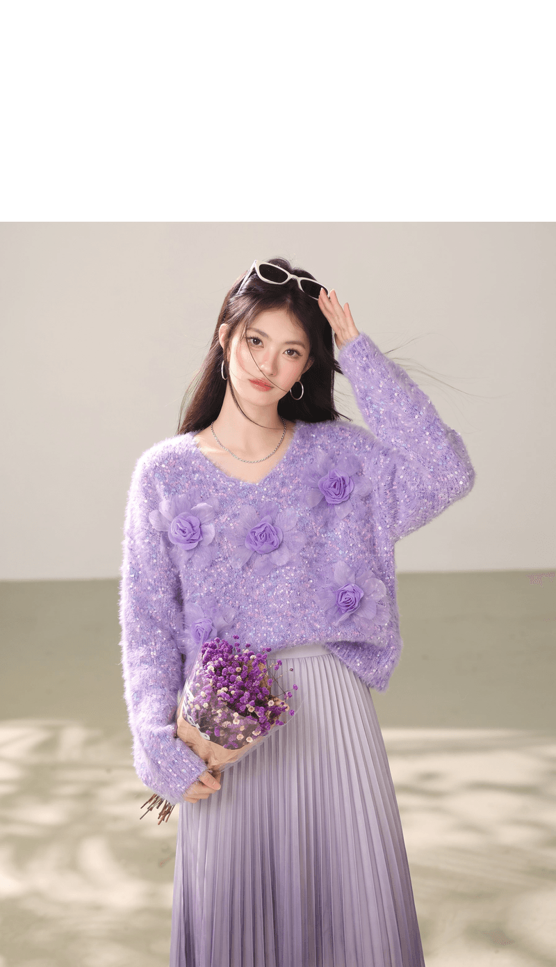 실사 부드러운 바람 Chic 보라색 3 차원 꽃 스웨터 여자 가을 겨울 모방 밍크 플리스 부드러운 찹쌀 니트 맨위 상세 이미지 5