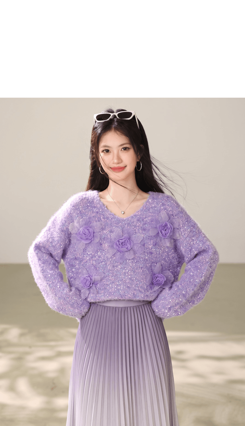 실사 부드러운 바람 Chic 보라색 3 차원 꽃 스웨터 여자 가을 겨울 모방 밍크 플리스 부드러운 찹쌀 니트 맨위 상세 이미지 6