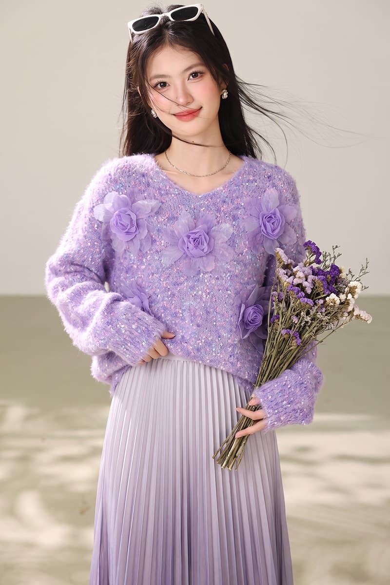 실사 부드러운 바람 Chic 보라색 3 차원 꽃 스웨터 여자 가을 겨울 모방 밍크 플리스 부드러운 찹쌀 니트 맨위 이미지 7