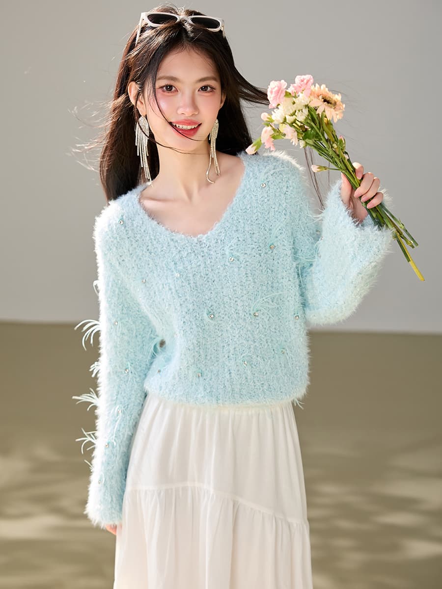 실사 작은 샤넬 스타일 다이아몬드 세팅 비즈 박기 니트 스웨터 느긋한 바람 가을 겨울 스웨터 2026 새로운 디자인 센스 길다