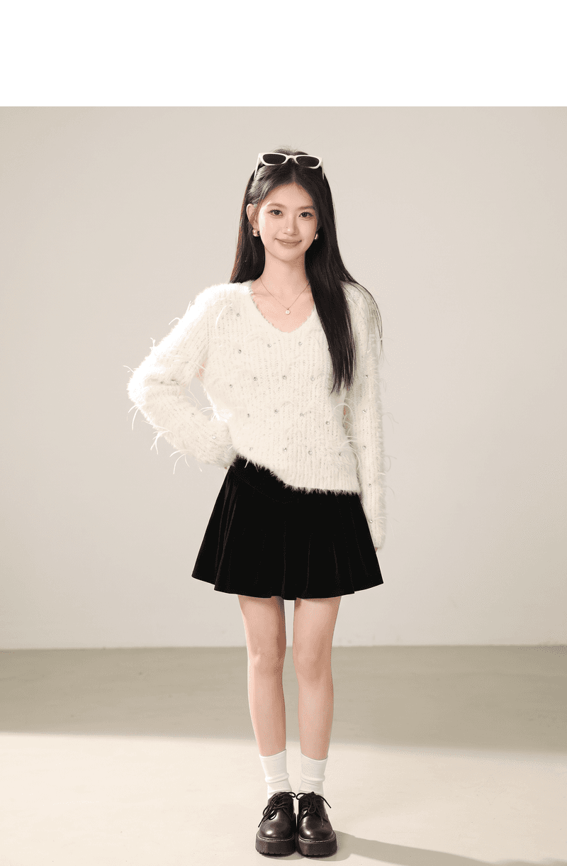 실사 작은 샤넬 스타일 다이아몬드 세팅 비즈 박기 니트 스웨터 느긋한 바람 가을 겨울 스웨터 2026 새로운 디자인 센스 길다 상세 이미지 2