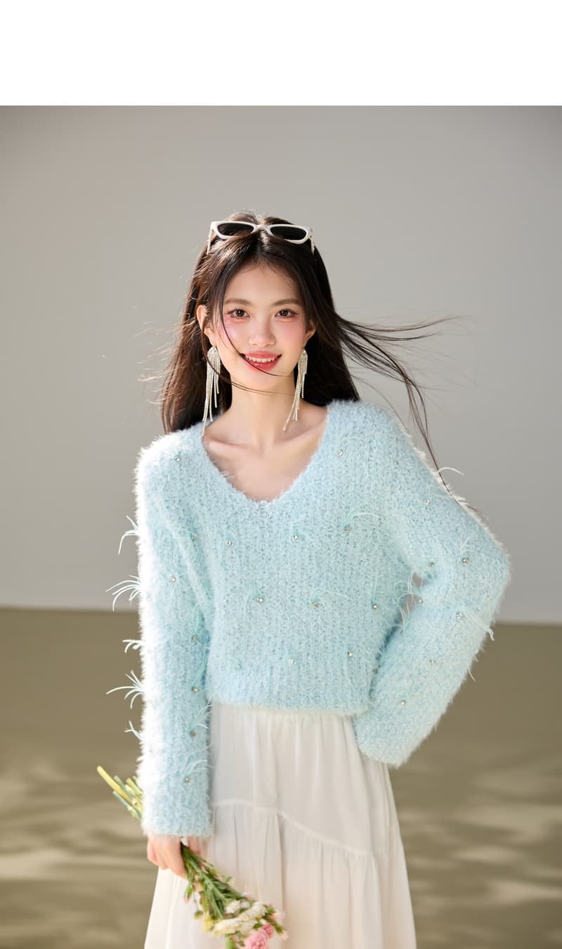 실사 작은 샤넬 스타일 다이아몬드 세팅 비즈 박기 니트 스웨터 느긋한 바람 가을 겨울 스웨터 2026 새로운 디자인 센스 길다 상세 이미지 8