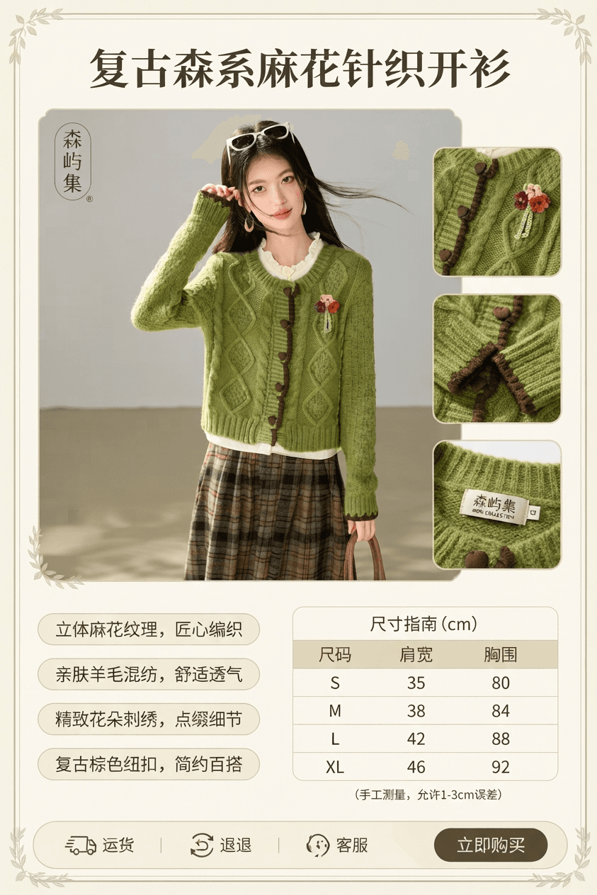 실사 레트로 녹색 페이크 레이어드 스웨터 여자 2026 가을 겨울 새로운 레이스 칼라 패치워크 니트 오픈 가디건 상세 이미지 2