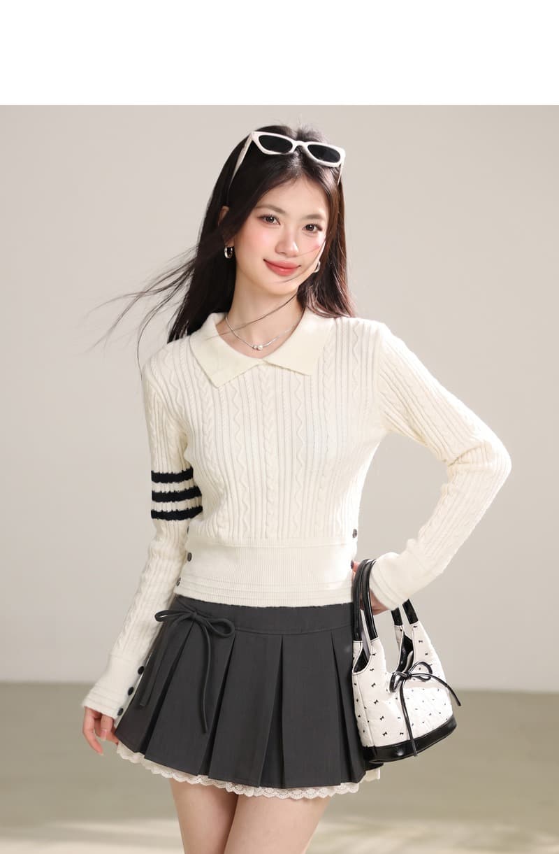실사 POLO 칼라 긍정적 인 어깨 긴팔 스웨터 니트 스웨터 여성 이른 가을 몸매 가꾸기 쇼트 스타일 인사이드 가져 가라. 기본 셔츠 맨위 상세 이미지 4