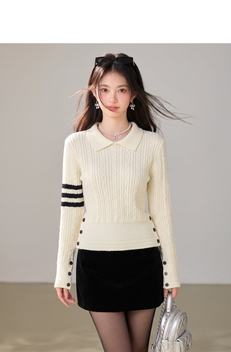 실사 POLO 칼라 긍정적 인 어깨 긴팔 스웨터 니트 스웨터 여성 이른 가을 몸매 가꾸기 쇼트 스타일 인사이드 가져 가라. 기본 셔츠 맨위 상세 이미지 5