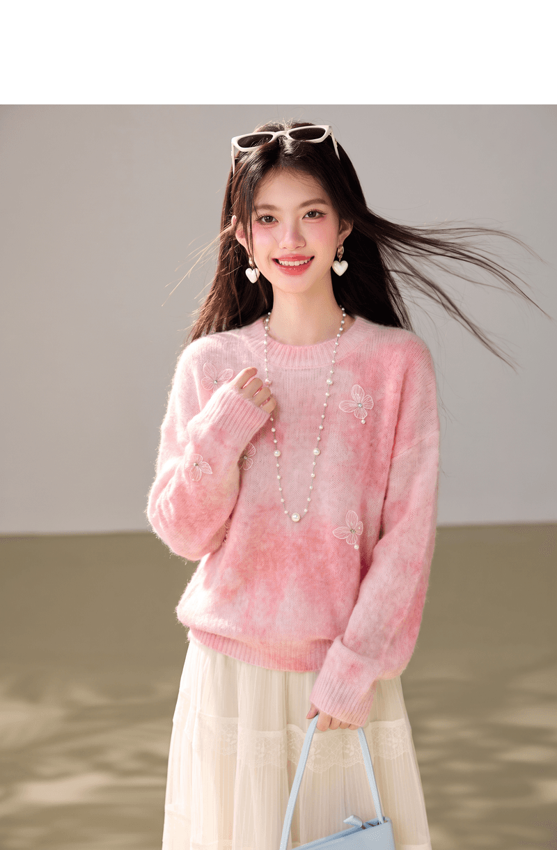 실사 분말 색 후광 염색 니트 스웨터 2026 가을 새로운 슈퍼 잘 생긴 한 부서 chic Chic 작은 맨위 여성 상세 이미지 2