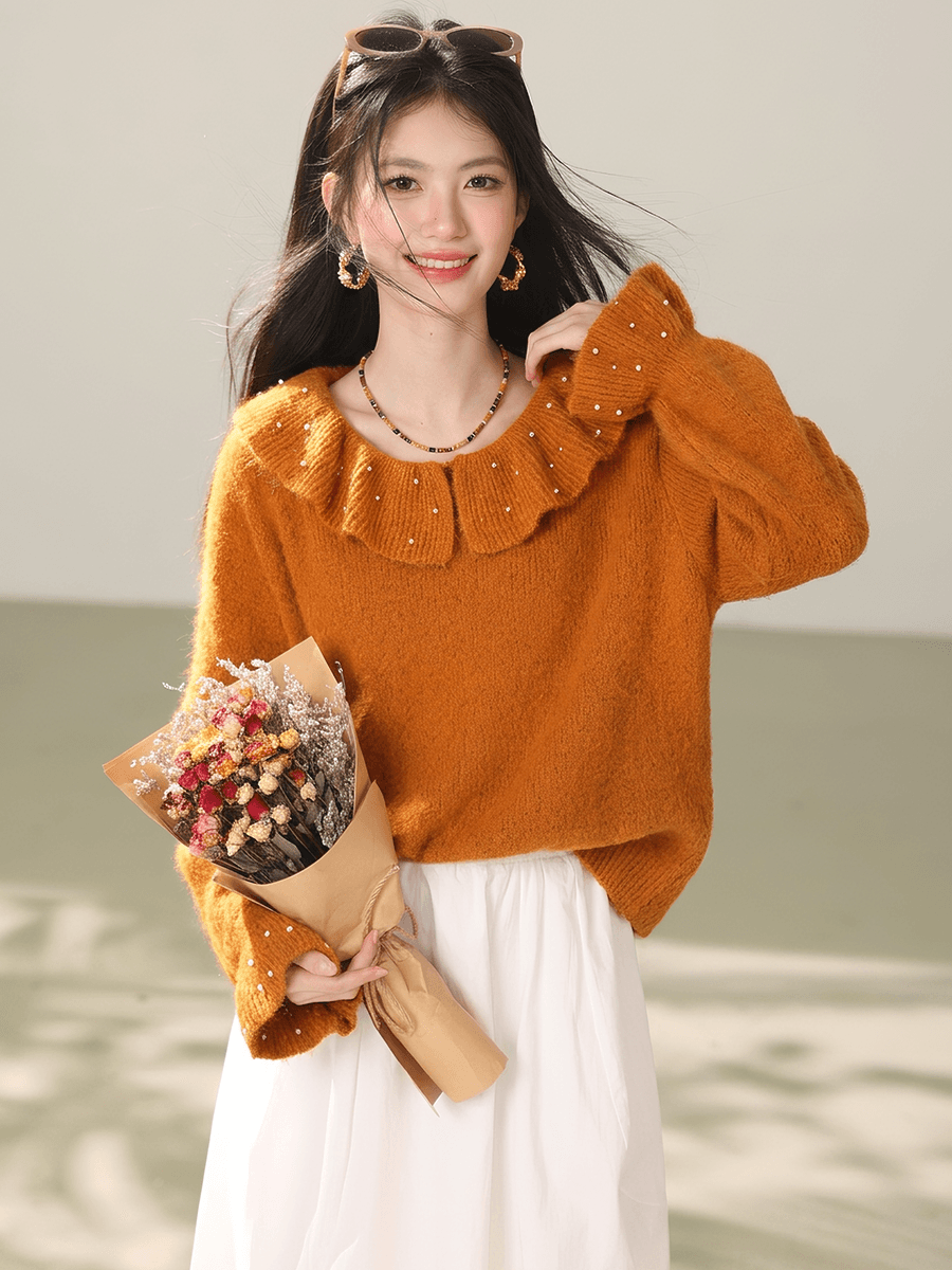 실사 부드러운 느긋한 바람 나팔 소매 니트 스웨터 맨위 가을 부드러운 찹쌀 베이비 칼라 스웨터 여자 이미지 2