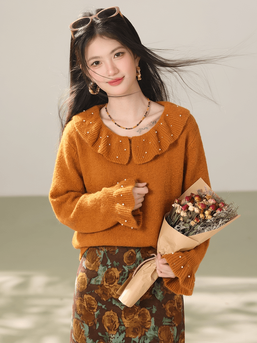 실사 부드러운 느긋한 바람 나팔 소매 니트 스웨터 맨위 가을 부드러운 찹쌀 베이비 칼라 스웨터 여자 이미지 3