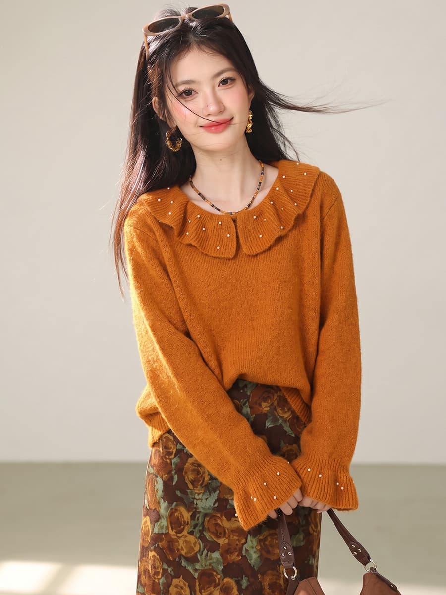 실사 부드러운 느긋한 바람 나팔 소매 니트 스웨터 맨위 가을 부드러운 찹쌀 베이비 칼라 스웨터 여자 이미지 4