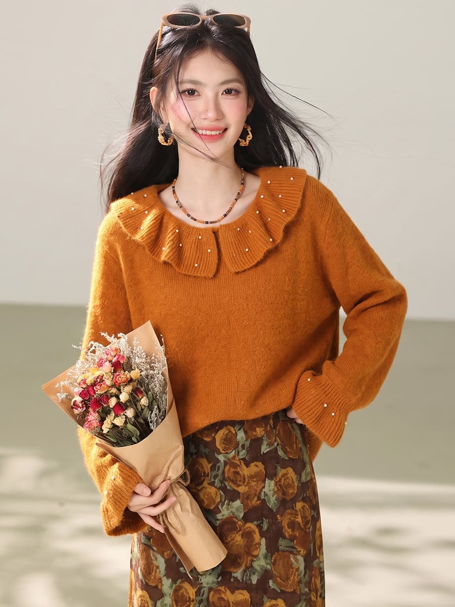 실사 부드러운 느긋한 바람 나팔 소매 니트 스웨터 맨위 가을 부드러운 찹쌀 베이비 칼라 스웨터 여자 이미지 5