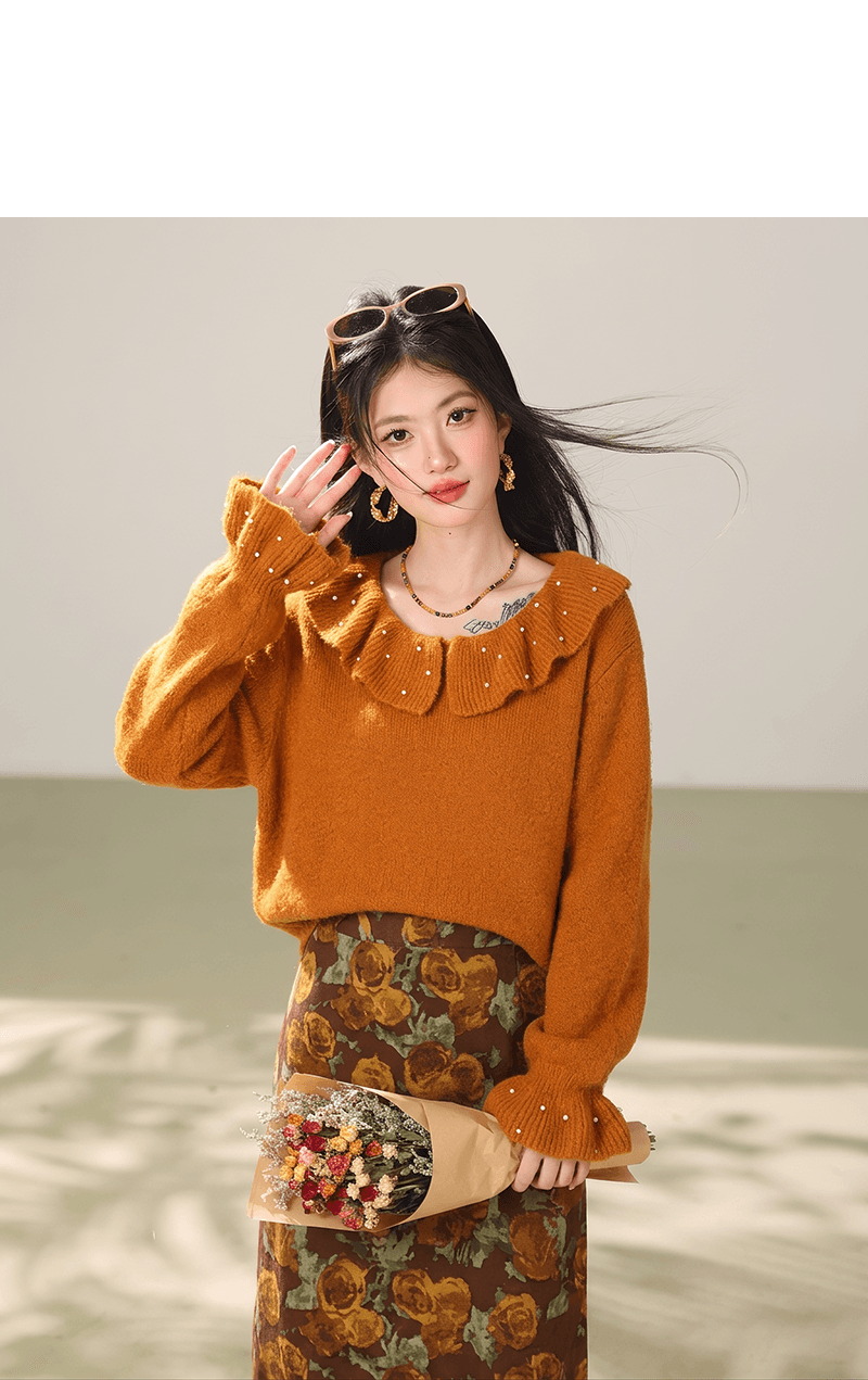 실사 부드러운 느긋한 바람 나팔 소매 니트 스웨터 맨위 가을 부드러운 찹쌀 베이비 칼라 스웨터 여자 상세 이미지 2