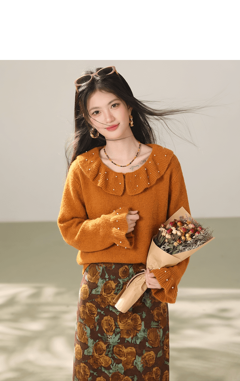 실사 부드러운 느긋한 바람 나팔 소매 니트 스웨터 맨위 가을 부드러운 찹쌀 베이비 칼라 스웨터 여자 상세 이미지 3