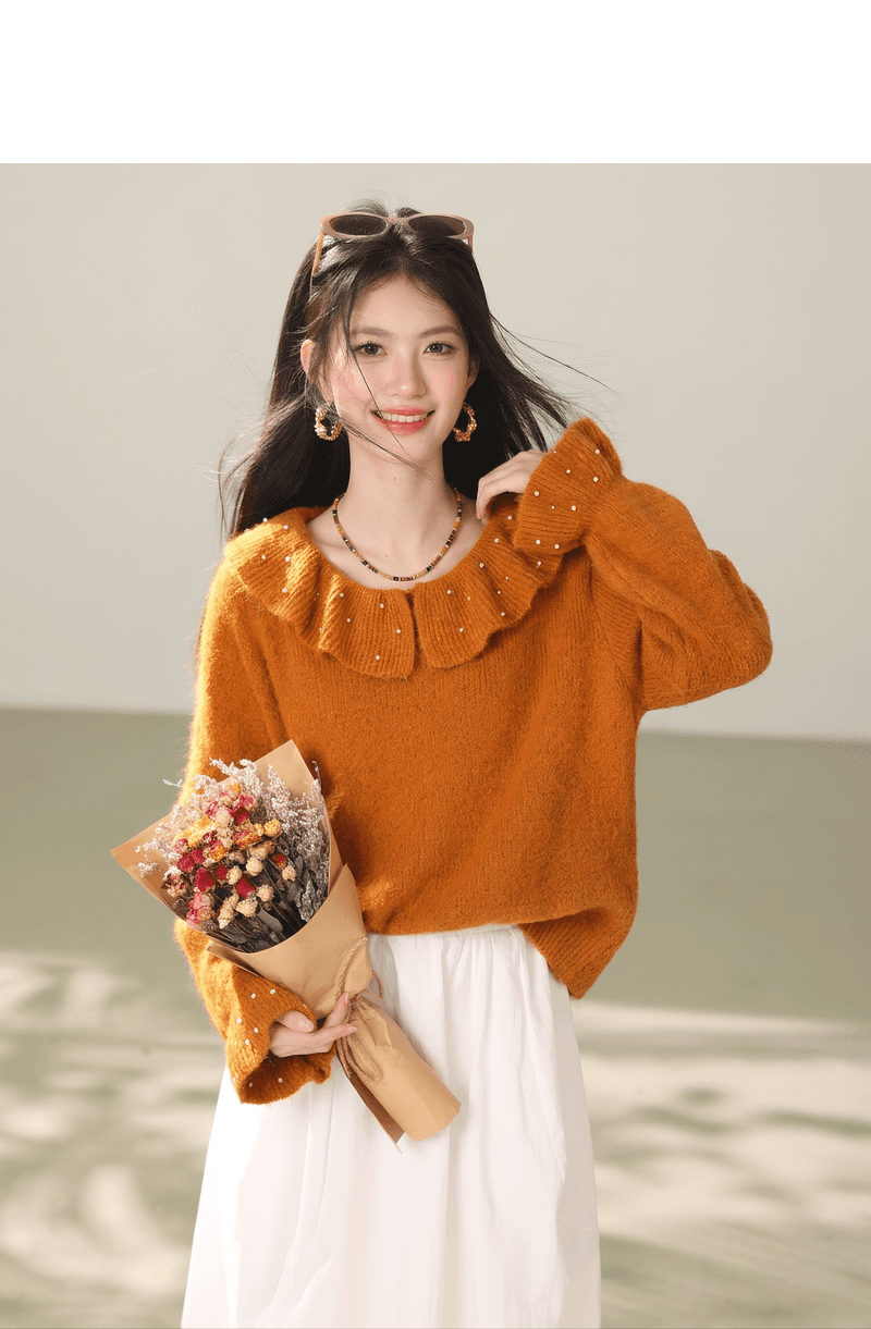실사 부드러운 느긋한 바람 나팔 소매 니트 스웨터 맨위 가을 부드러운 찹쌀 베이비 칼라 스웨터 여자 상세 이미지 4