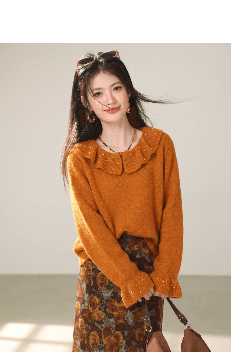 실사 부드러운 느긋한 바람 나팔 소매 니트 스웨터 맨위 가을 부드러운 찹쌀 베이비 칼라 스웨터 여자 상세 이미지 5