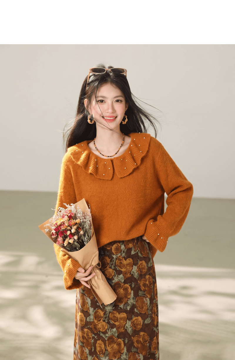 실사 부드러운 느긋한 바람 나팔 소매 니트 스웨터 맨위 가을 부드러운 찹쌀 베이비 칼라 스웨터 여자 상세 이미지 6
