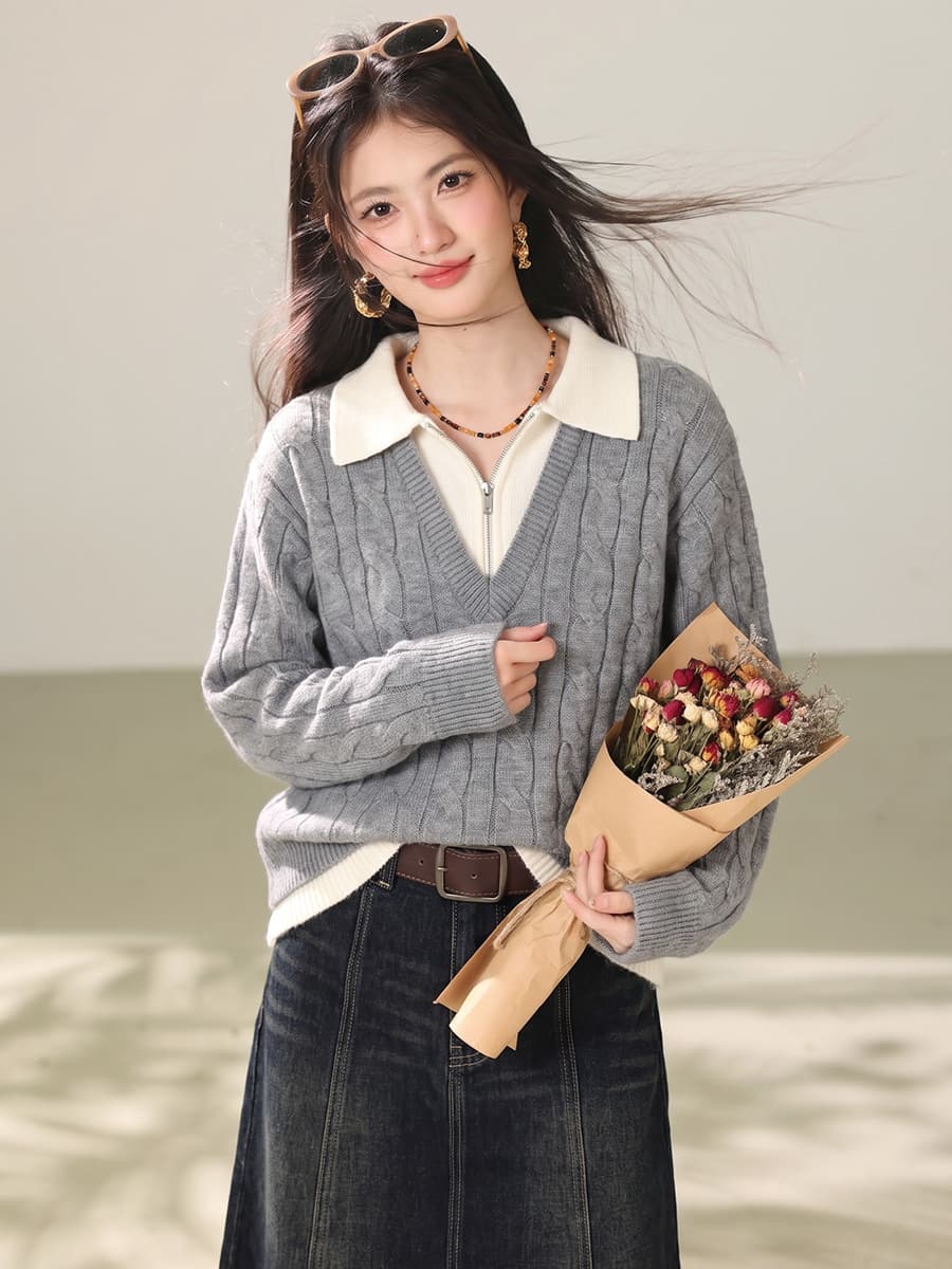 실사 고급 센스 하프 지퍼 페이크 레이어드 스웨터 여자 2026 가을 겨울 폴로 칼라 인사이드 가져 가라. 니트 스웨터 맨위 이미지 2