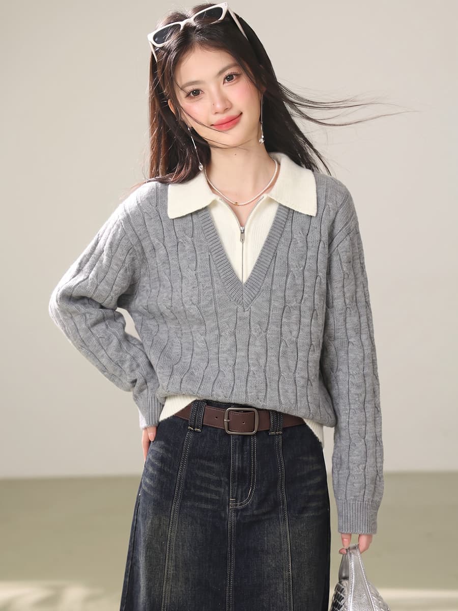 실사 고급 센스 하프 지퍼 페이크 레이어드 스웨터 여자 2026 가을 겨울 폴로 칼라 인사이드 가져 가라. 니트 스웨터 맨위 이미지 3