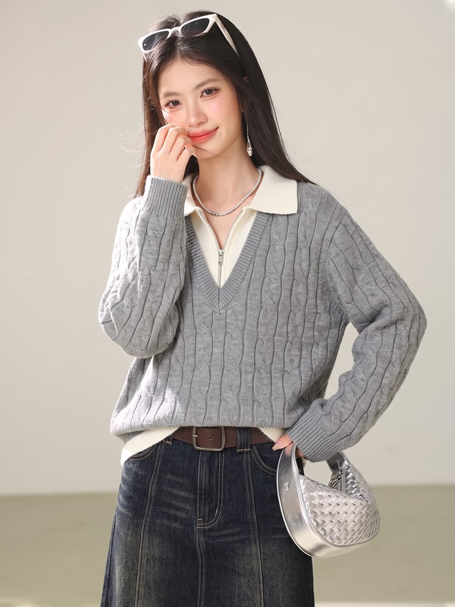 실사 고급 센스 하프 지퍼 페이크 레이어드 스웨터 여자 2026 가을 겨울 폴로 칼라 인사이드 가져 가라. 니트 스웨터 맨위 이미지 4