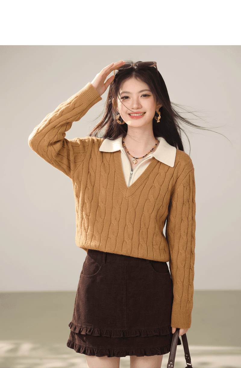실사 고급 센스 하프 지퍼 페이크 레이어드 스웨터 여자 2026 가을 겨울 폴로 칼라 인사이드 가져 가라. 니트 스웨터 맨위 상세 이미지 5