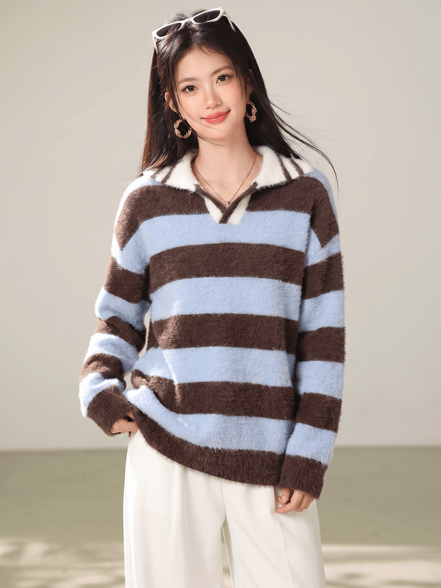 실사 한 부서 가을 겨울 새로운 다용도 학원 스타일 스트라이프 폴로 칼라 맨위 루즈핏 니트 스웨터 스웨터 여자