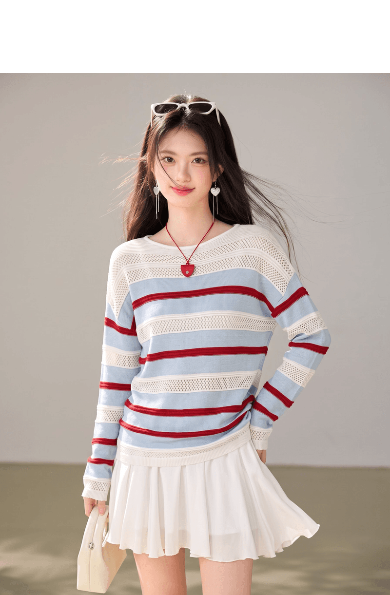실사 있음 배색 스트라이프 홀로우 아웃 니트 스웨터 여성 2026 가을 얇은 스타일 블라우스 루즈핏 느긋한 다용도 상세 이미지 5
