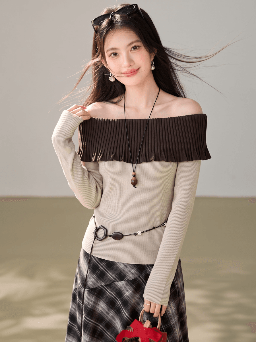 부드러운 한 부서 바람 오프숄더 프릴 니트 스웨터 여성 오프숄더 몸매 가꾸기 슬림해 보이는 기본 셔츠 한 부서 가을 맨위 이미지 3
