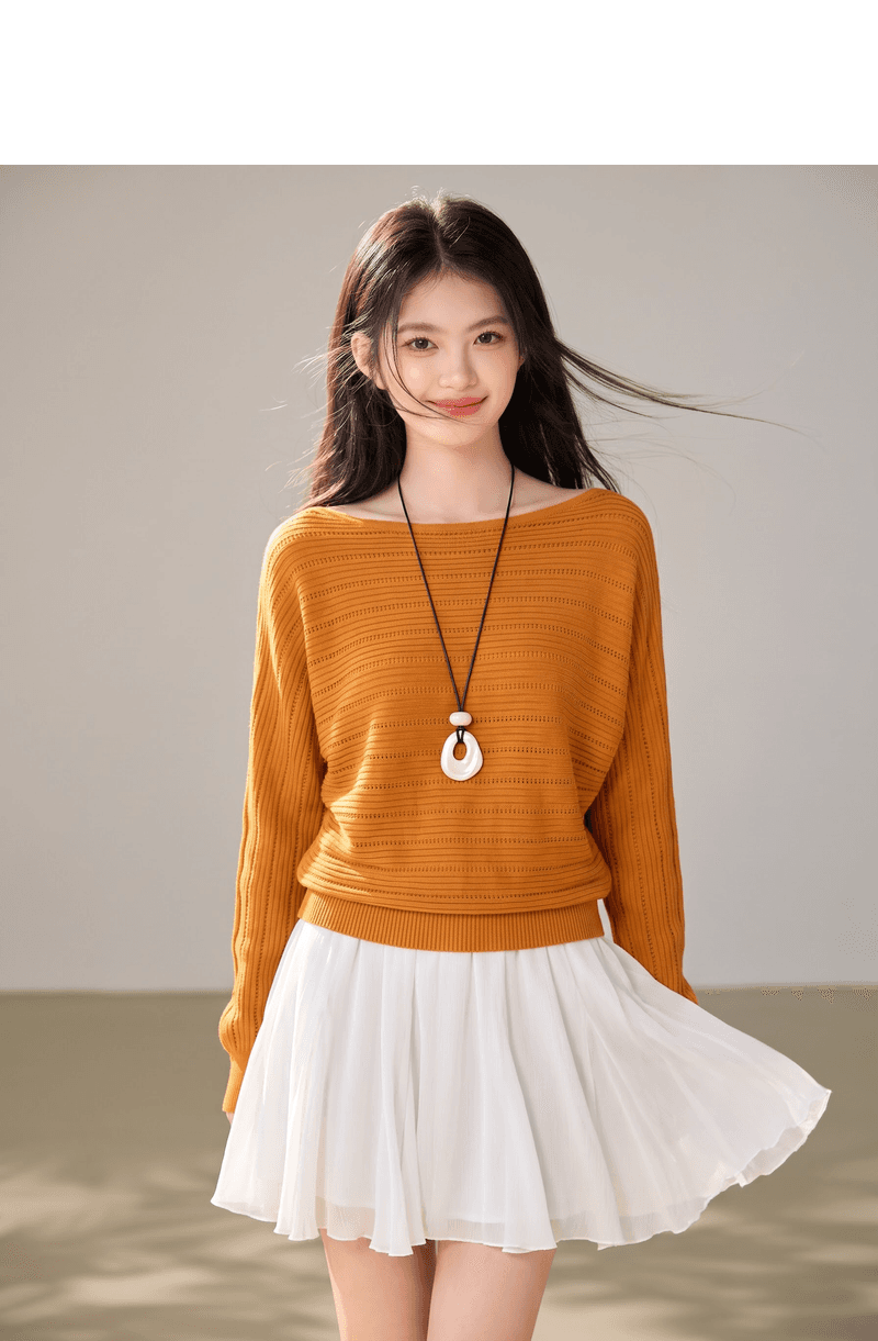2026 가을 의상 새로운 느긋한 바람 보트넥 홀로우 아웃 니트 스웨터 여성 주황색 배트윙 소매 슬림해 보이는 풀오버 맨위 상세 이미지 6
