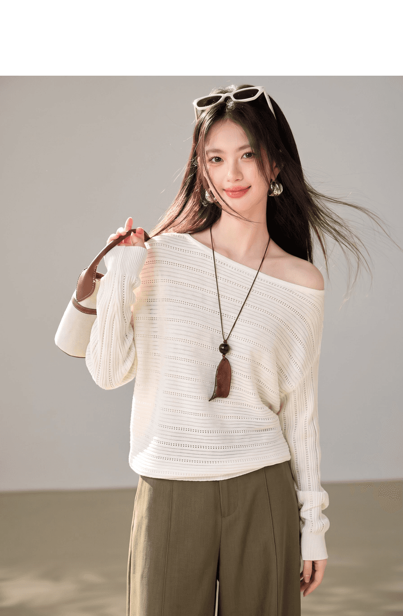 2026 가을 의상 새로운 느긋한 바람 보트넥 홀로우 아웃 니트 스웨터 여성 주황색 배트윙 소매 슬림해 보이는 풀오버 맨위 상세 이미지 7