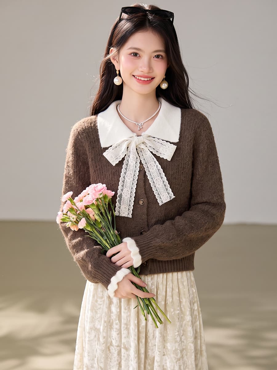 실사 커피 색상 폴로 칼라 페이크 레이어드 스웨터 여자 가을 겨울 2026 겨울 새로운 니트 재킷 쇼트 스타일 맨위 이미지 3