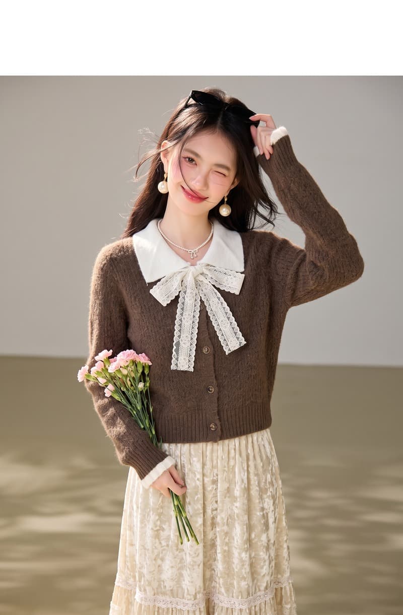 실사 커피 색상 폴로 칼라 페이크 레이어드 스웨터 여자 가을 겨울 2026 겨울 새로운 니트 재킷 쇼트 스타일 맨위 상세 이미지 4