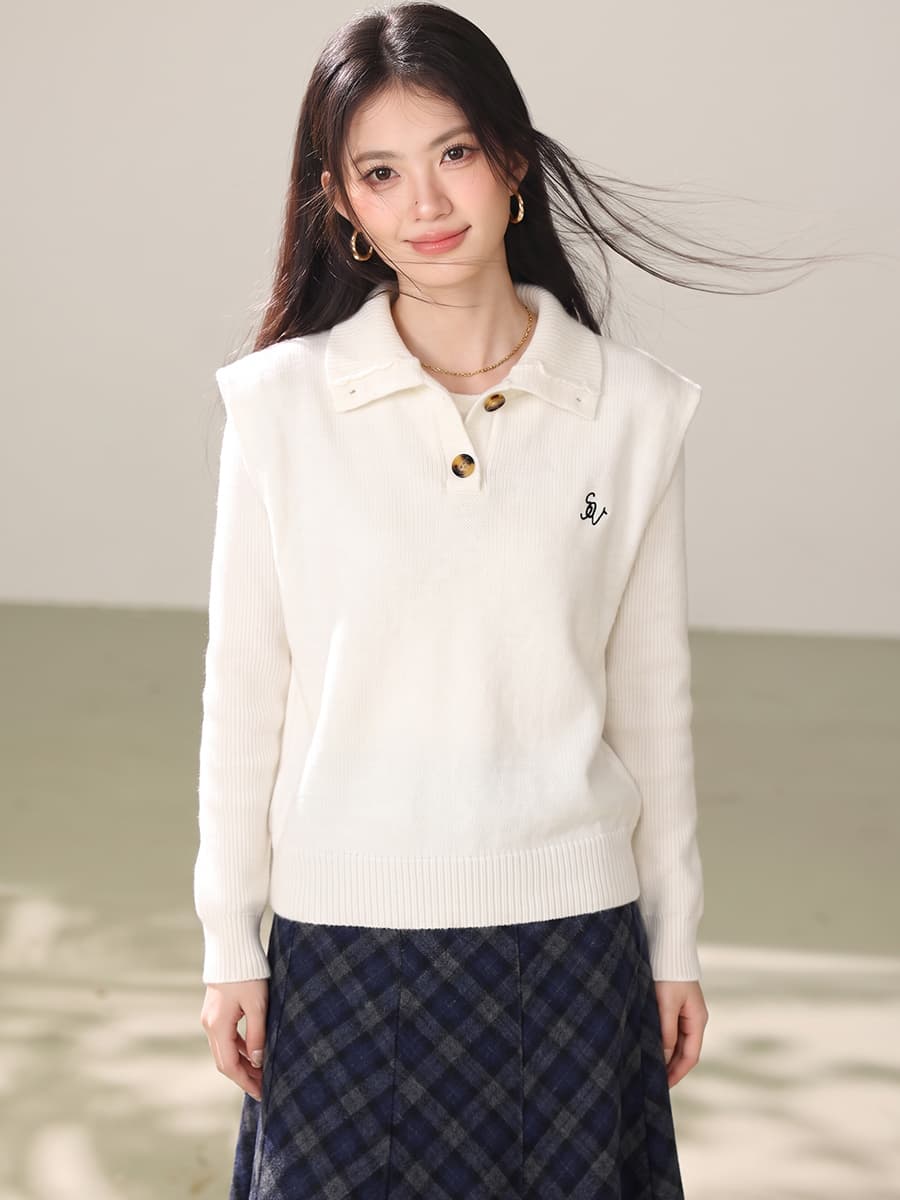 실사 불규칙 폴로 칼라 민소매 조끼 여자 이른 봄 새로운 디자인 센스 작은 대중 한 부서 스웨터 투피스 세트 이미지 3