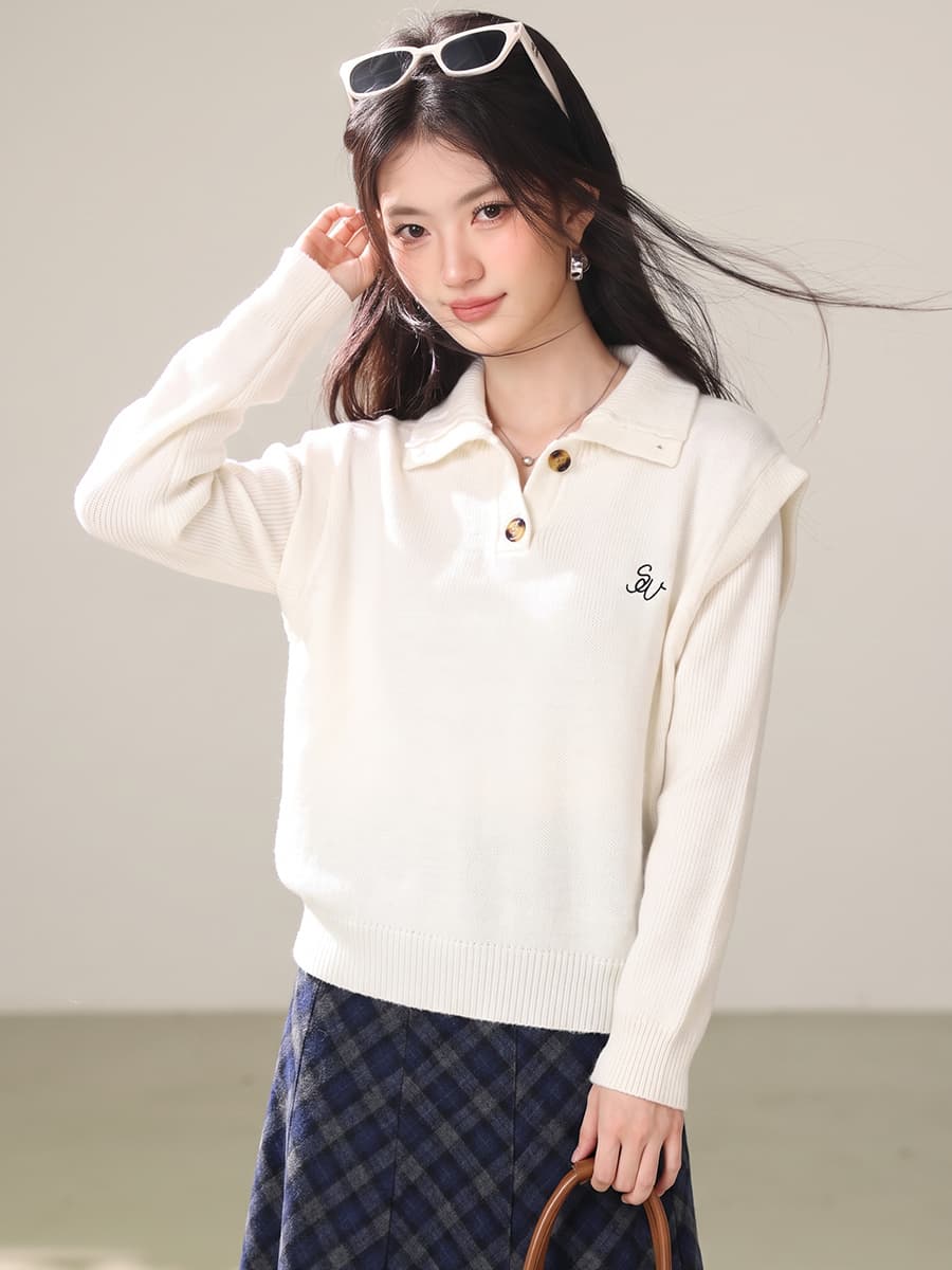 실사 불규칙 폴로 칼라 민소매 조끼 여자 이른 봄 새로운 디자인 센스 작은 대중 한 부서 스웨터 투피스 세트 이미지 4