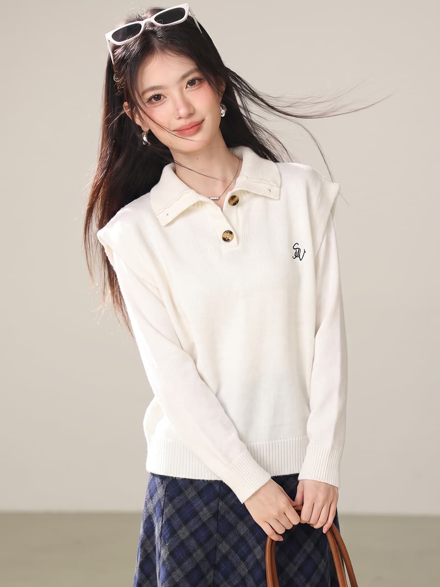실사 불규칙 폴로 칼라 민소매 조끼 여자 이른 봄 새로운 디자인 센스 작은 대중 한 부서 스웨터 투피스 세트 이미지 5