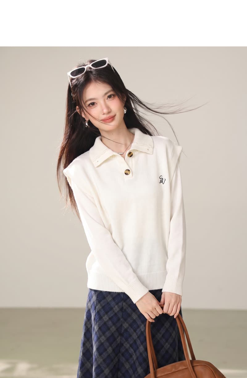 실사 불규칙 폴로 칼라 민소매 조끼 여자 이른 봄 새로운 디자인 센스 작은 대중 한 부서 스웨터 투피스 세트 상세 이미지 2