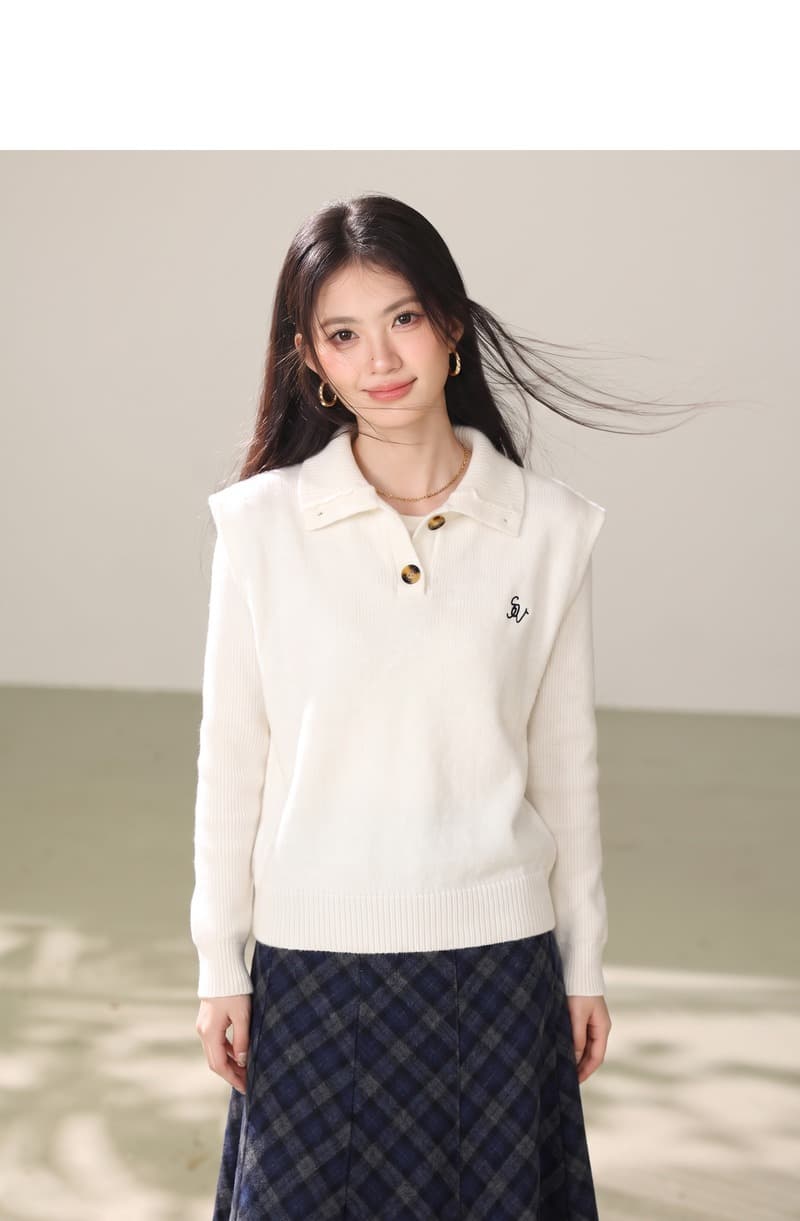 실사 불규칙 폴로 칼라 민소매 조끼 여자 이른 봄 새로운 디자인 센스 작은 대중 한 부서 스웨터 투피스 세트 상세 이미지 3