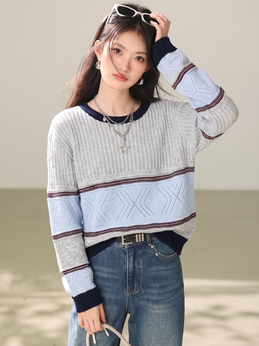 실사 한 부서 학원 스타일 배색 스트라이프 라운드 넥 스웨터 가을 겨울 루즈핏 니트 스웨터 느긋한 슬림해 보이는 맨위 이미지 4