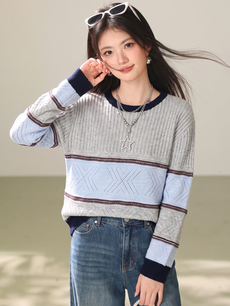 실사 한 부서 학원 스타일 배색 스트라이프 라운드 넥 스웨터 가을 겨울 루즈핏 니트 스웨터 느긋한 슬림해 보이는 맨위 이미지 5