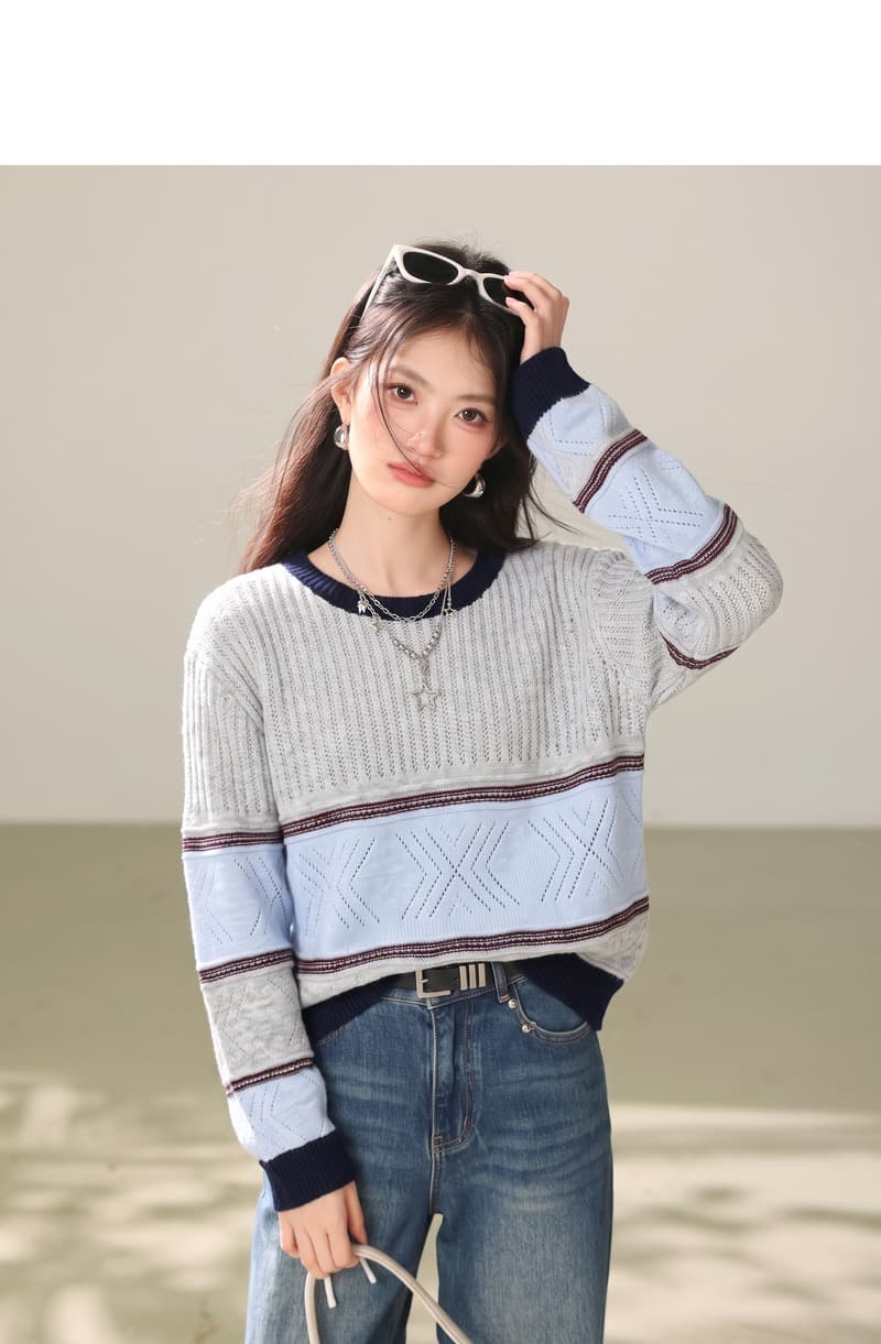 실사 한 부서 학원 스타일 배색 스트라이프 라운드 넥 스웨터 가을 겨울 루즈핏 니트 스웨터 느긋한 슬림해 보이는 맨위 상세 이미지 4