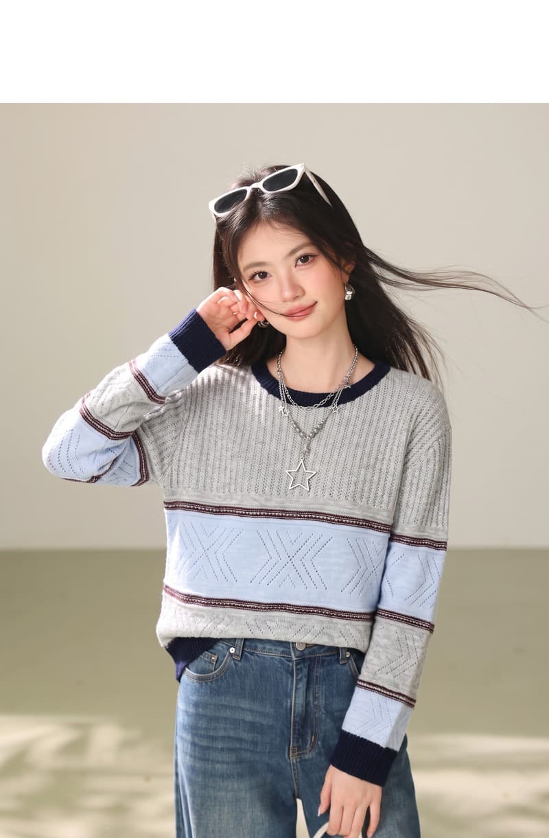 실사 한 부서 학원 스타일 배색 스트라이프 라운드 넥 스웨터 가을 겨울 루즈핏 니트 스웨터 느긋한 슬림해 보이는 맨위 상세 이미지 5