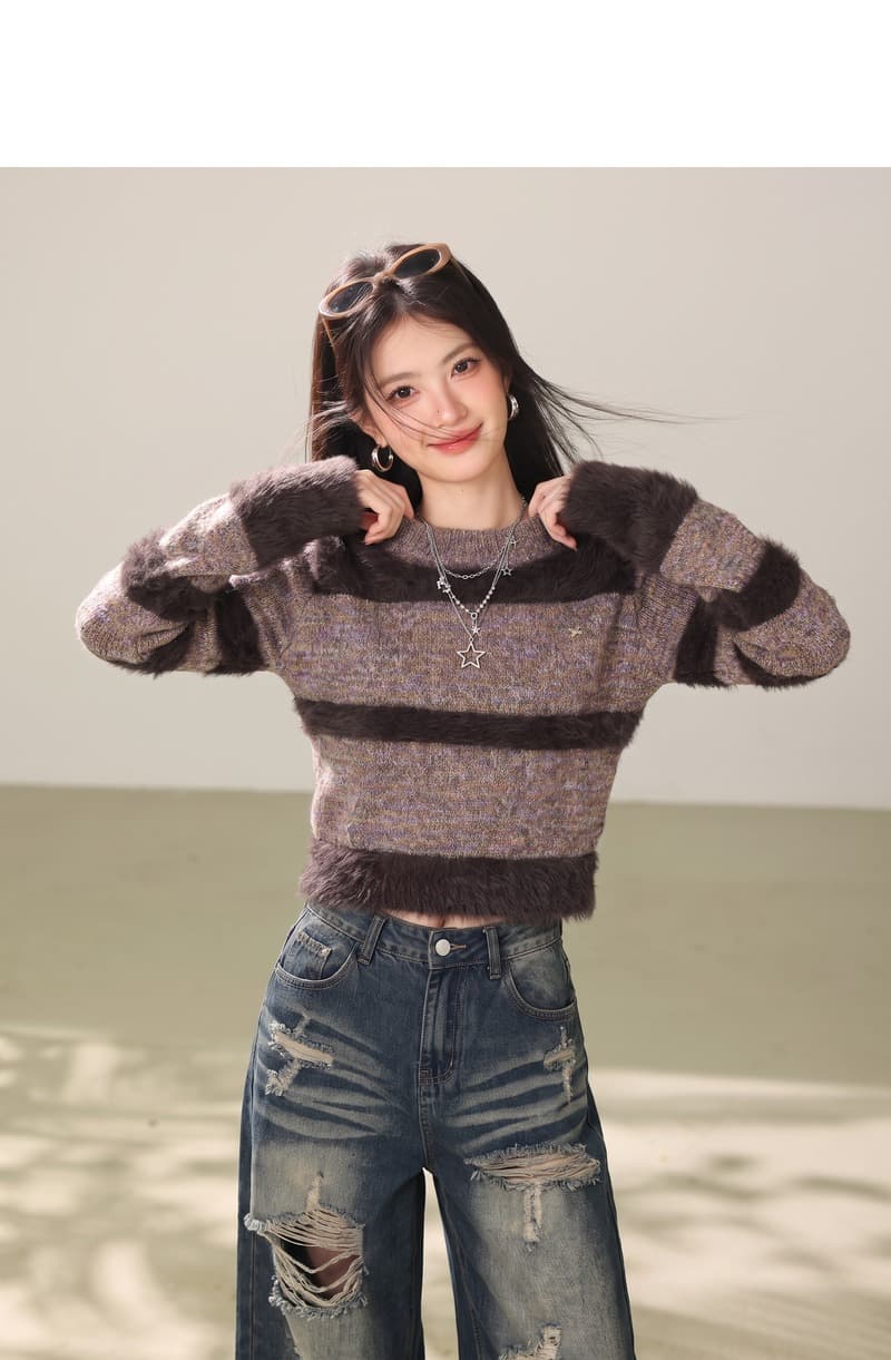 실사 아메리칸 레트로 라운드 넥 풀오버 스웨터 여자 가을 겨울 새로운 쇼트 스타일 디자인 센스 배색 맨위 상세 이미지 7