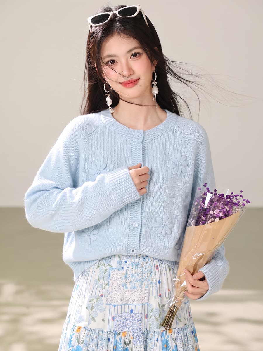 실사 한 부서 부드러운 바람 3 차원 꽃 파란색 스웨터 니트 오픈 가디건 2026 가을 다용도 맨위 이미지 5