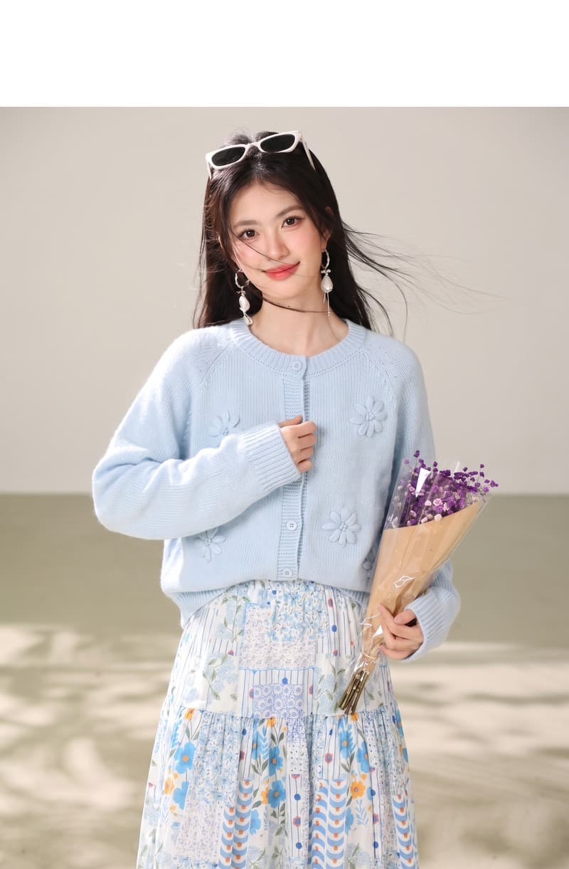 실사 한 부서 부드러운 바람 3 차원 꽃 파란색 스웨터 니트 오픈 가디건 2026 가을 다용도 맨위 상세 이미지 5