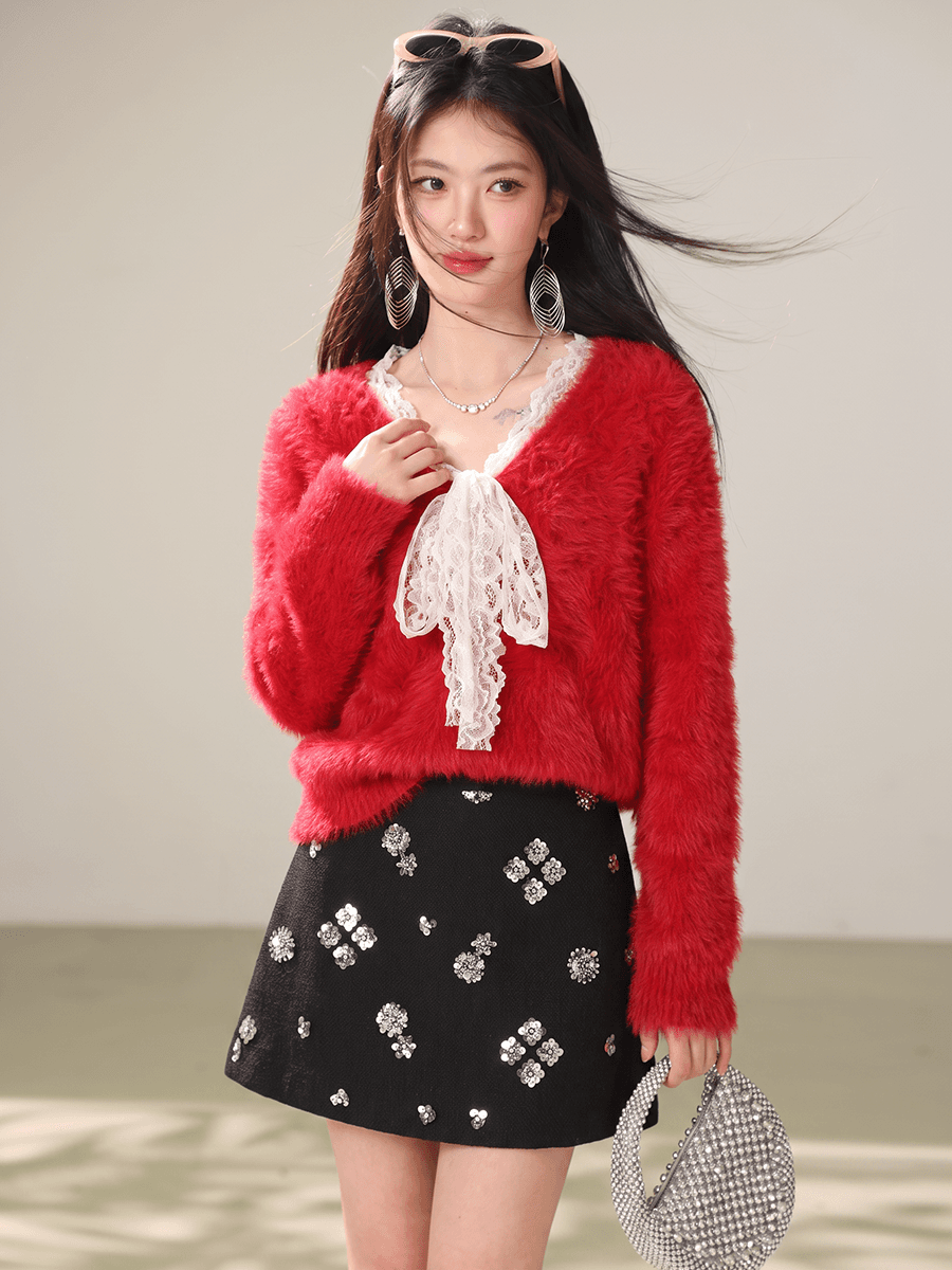 실사 가을 겨울 한 부서 레이스 레이스 모방 밍크 플리스 스웨터 여자 부드러운 바람 루즈핏 모피 니트 이미지 3