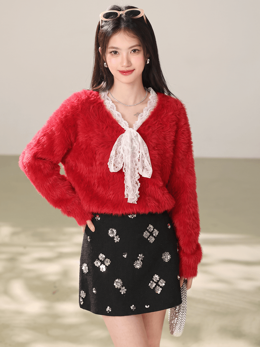 실사 가을 겨울 한 부서 레이스 레이스 모방 밍크 플리스 스웨터 여자 부드러운 바람 루즈핏 모피 니트 이미지 5